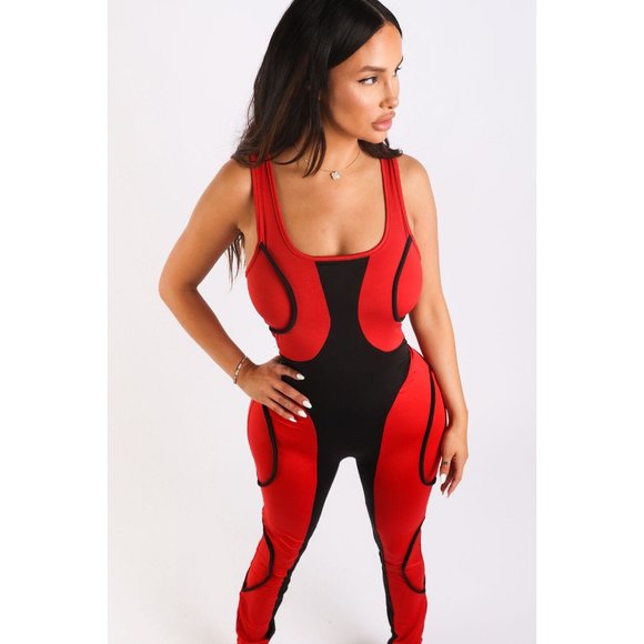 Women's Colorblocked Jumpsuit With Binding Detail Square Neck Strappy Sleeve - Picture 8 of 10